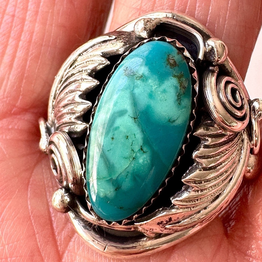 Navajo Turquoise Mens Ring Sz 12 Leaf Feather Signed Morgan Sterling Native Amer